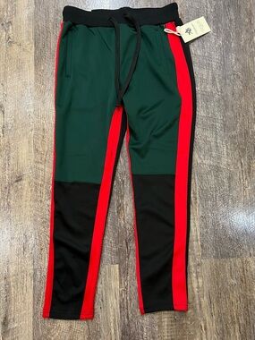 NWT- American Bazi Men’s Black Track Pants w/ Green Panels & Red Accents. Size M